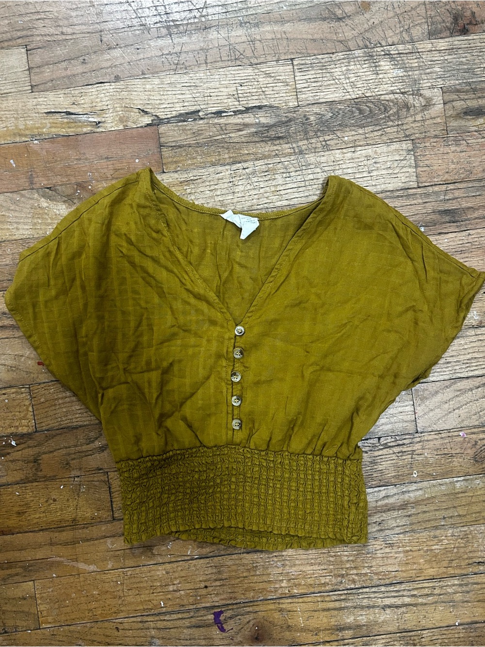 Japna Olive Button-Front Smocked-Hem Crop Top